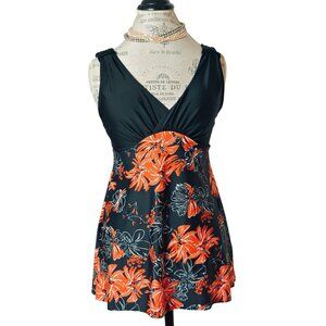 Womens L Swim Tankini Floral Ruched Black Orange Flowy Beach Resort Pool